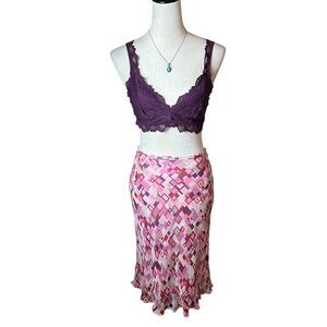 Willi Smith Petite Silk Skirt 12P | Y2K Geometric Midi Pink Purple Slip Skirt